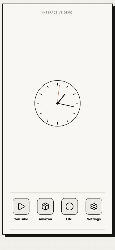 Dumb Phone Make demo mode home screen with YouTube, Amazon, LINE, and Settings already registered